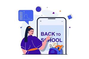 Back to school modern flat concept for web banner design. Student studying for excellent grades, gain new knowledge and using mobile phone for learning. Vector illustration with isolated people scene