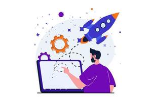 concepto plano moderno de inicio de negocios para diseño de banner web. el empresario masculino lanza un nuevo proyecto como una nave espacial voladora, desarrolla y logra el éxito. ilustración vectorial con escena de personas aisladas vector