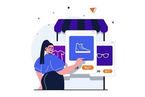 Mobile commerce modern flat concept for web banner design. Female shopper chooses products in online store and makes profitable purchases in application. Vector illustration with isolated people scene