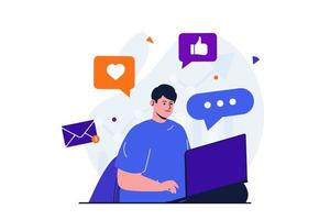 concepto plano moderno de marketing en redes sociales para diseño de banner web. el comercializador trabaja en una computadora portátil, realiza envíos publicitarios, atrae nuevos clientes en línea. ilustración vectorial con escena de personas aisladas vector