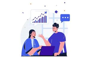 Office work modern flat concept for web banner design. Employees discuss work tasks and financial statistics of company, work together and cooperate. Vector illustration with isolated people scene