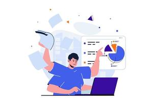 concepto plano moderno de trabajo de oficina para diseño de banner web. el empleado multitarea trabaja en una computadora portátil, hace papeleo, analiza datos y escribe informes financieros. ilustración vectorial con escena de personas aisladas vector