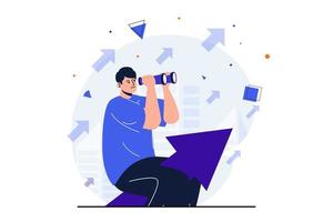 Searching for opportunities modern flat concept for web banner design. Man looks binoculars and improves business performance, works and develops career. Vector illustration with isolated people scene