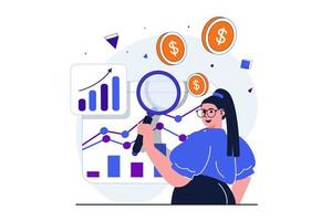 Sales performance modern flat concept for web banner design. Woman studies market and business statistics, develops strategy, investing, making profit. Vector illustration with isolated people scene