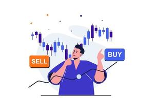 Stock market modern flat concept for web banner design. Male trader buys and sells on stock exchange, analyzes charts and statistics, invests money. Vector illustration with isolated people scene