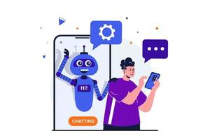 Virtual assistant modern flat concept for web banner design. Chat bot consults and answers questions, helps to solve technical problems in mobile phone. Vector illustration with isolated people scene