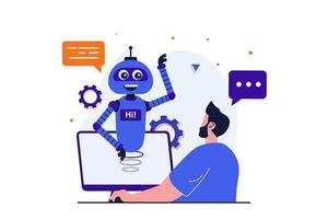 asistente virtual concepto plano moderno para diseño de banner web. el hombre se pone en contacto con el soporte técnico y es respondido por un robot de chat con inteligencia artificial. ilustración vectorial con escena de personas aisladas vector