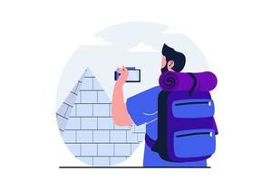 Traveling modern flat concept for web banner design. Traveler with backpack making photo of pyramids on camera in Egypt, sightseeing in summertime trip. Vector illustration with isolated people scene