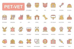 Pet vet concept simple line icons set. Pack outline pictograms of dog, cat, food, grooming, rabbit, tortoise, aquarium, hamster, parrot, award and other. Vector elements for mobile app and web design