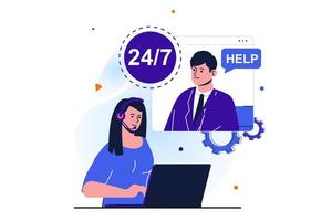Women working modern flat concept for web banner design. Woman works in call center, consults with client and answers calls around the clock at helpdesk. Vector illustration with isolated people scene