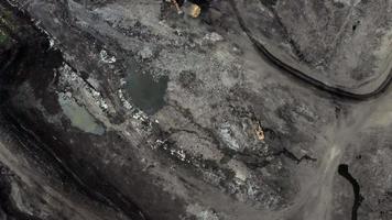 Aerial view of working open mine pit. Drone shot of coal mining activity. Extraction. Machines working. Destroyed landscape. Dark and apocalyptic environment. Disruption of nature. Dust and pollution. video