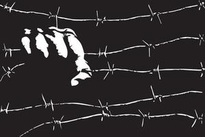 Prison, slavery, captivity, protest,rebel,concentration camp concept with a male hand holding barbed wires in the dark. Black and white vector illustration.