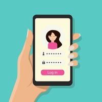 Female hand holds a smartphone with a website authorization page with secure login and password on the smartphone screen. Avatar of a young girl. Vector illustration.