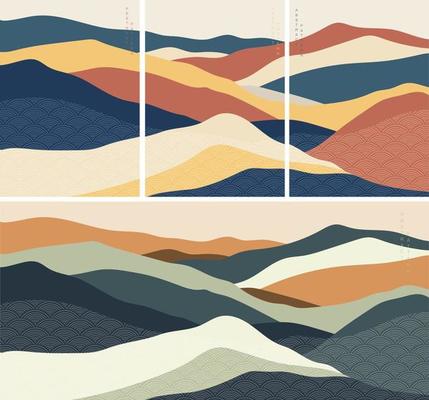 Natural landscape background with Japanese wave pattern vector. Mountain forest template in vintage style.