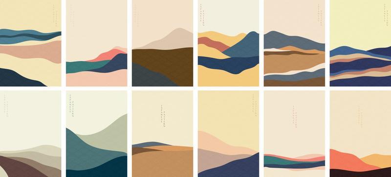 Natural Landscape background with Japanese pattern vector. Geometric template in traditional of Japan. Mountain in Asian poster design. Abstract arts.