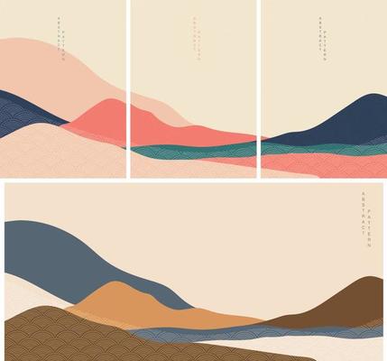 Natural landscape background with Japanese wave pattern vector. Mountain forest template in vintage style. Desert banner and wallpaper.