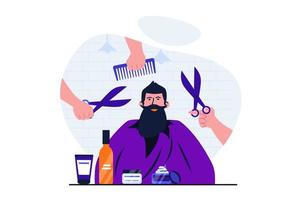 concepto plano moderno de barbería para diseño de banner web. el cliente masculino se sienta en la silla y recibe tratamientos de corte de cabello, peinado y cuidado de la barba en el estudio. ilustración vectorial con escena de personas aisladas vector