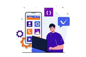 App development modern flat concept for web banner design. Male designer works on laptop, develops usability program interface and places menu buttons. Vector illustration with isolated people scene