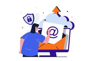 Cloud computing modern flat concept for web banner design. Woman sends and receives emails, store online correspondence in secure cloud storage service. Vector illustration with isolated people scene