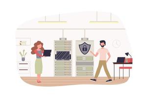 Cyber security team work at office modern flat concept. Protection against internet attacks. Man and woman work in datacenter hardware room. Vector illustration with people scene for web banner design