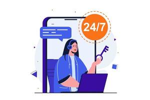 Customer service modern flat concept for web banner design. Woman works in tech support, advises clients in online chat. Operator on call around clock. Vector illustration with isolated people scene