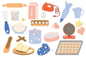 colección de panadería casera en diseño de dibujos animados planos. utensilios de cocina e ingredientes para hacer postres. rodillo, harina, leche, batidor, huevos y otros elementos aislados. ilustración vectorial