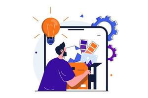 administrador de contenido concepto plano moderno para diseño de banner web. man crea nuevas ideas y trabaja con diferentes elementos de diseño de sitios web para teléfonos móviles. ilustración vectorial con escena de personas aisladas vector