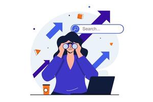 Searching for opportunities modern flat concept for web banner design. Woman looking binoculars and reaching new career goals, leadership and business. Vector illustration with isolated people scene