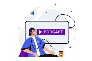 transmisión de podcast concepto plano moderno para diseño de banner web. la mujer con auriculares disfruta de su podcast favorito o escucha la radio en el reproductor de aplicaciones móviles. ilustración vectorial con escena de personas aisladas vector