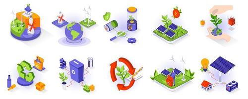 Eco lifestyle concept isometric 3d icons set. Alternative energy sources, climate change, nature and ecology protection, recycling and waste sorting, isometry isolated collection. Vector illustration