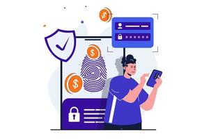 Secure payment modern flat concept for web banner design. Man confirms his identity with fingerprint and manages his financial account online in app. Vector illustration with isolated people scene