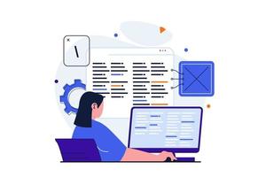 Programmer working modern flat concept for web banner design. Woman writes code, programs on computer screen, tests and optimizes software in office. Vector illustration with isolated people scene