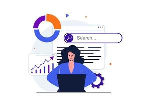 concepto plano moderno de análisis seo para diseño de banner web. mujer analista estudia datos, selecciona palabras clave y optimiza el sitio para consultas de búsqueda populares. ilustración vectorial con escena de personas aisladas vector