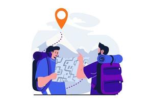 Traveling modern flat concept for web banner design. Woman tourist looks at map with trekking route, man backpacker points to mountain top and hiking. Vector illustration with isolated people scene