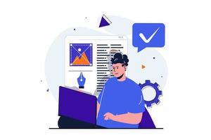 diseñador web concepto plano moderno para diseño de banner web. man crea y optimiza el código para el diseño, trabaja con contenido gráfico y de texto usando una computadora portátil. ilustración vectorial con escena de personas aisladas vector