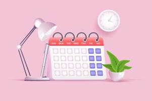 Calendar in office work organization concept 3D illustration. Icon composition with desk calendar, lamp, plant and wall clock. Time management and planning. Vector illustration for modern web design