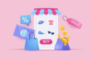 Ilustración 3d del concepto de aplicación de compras móviles. composición de íconos con productos en la pantalla del teléfono inteligente, venta con descuentos, billetera con monedas, tarjeta de crédito. ilustración vectorial para diseño web moderno vector