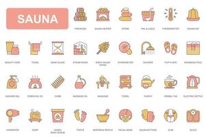 Sauna concept simple line icons set. Pack outline pictograms of stone, thermometer, beauty care, towel, hygrometer, swimming pool, soap, tea and other. Vector elements for mobile app and web design