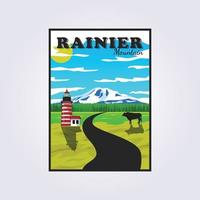 rainier mountain in washington state illustration poster vintage logo design printable lighthouse and buffalo illustration in poster vector