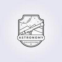 línea mínima de astronomía y telescopio en el diseño de plantilla de ilustración de vector de logotipo de insignia