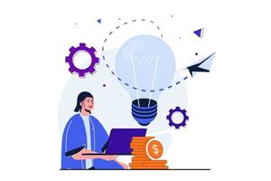 Business startup modern flat concept for web banner design. Woman creates new ideas for starting project, attracts investments and develops strategy. Vector illustration with isolated people scene