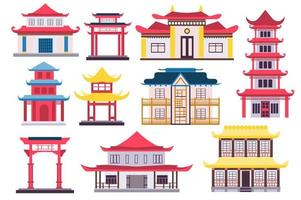 colección de conceptos de edificios chinos y japoneses en diseño de dibujos animados planos. torres, casas, puertas y templos en arquitectura tradicional con techos de pagoda, elementos aislados. ilustración vectorial vector