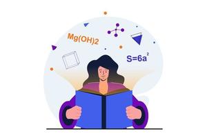 Back to school modern flat concept for web banner design. Schoolgirl reading chemistry textbook and learns new formulas. Student preparing for exams. Vector illustration with isolated people scene