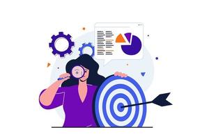 Business target modern flat concept for web banner design. Businesswoman analyzes data statistics, makes marketing research. Management and development. Vector illustration with isolated people scene