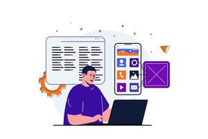 desarrollo de aplicaciones concepto plano moderno para diseño de banner web. el diseñador masculino trabaja con la aplicación móvil en la computadora portátil, codificando y haciendo el diseño de la interfaz. ilustración vectorial con escena de personas aisladas vector