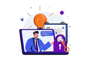 Customer service modern flat concept for web banner design. Man in headphones consults and solves problems, finds creative ideas and talks with clients. Vector illustration with isolated people scene