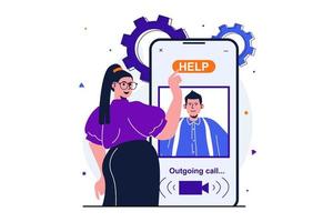 concepto plano moderno de servicio al cliente para diseño de banner web. mujer llamando al servicio de atención al cliente a través de un teléfono móvil. operador masculino que trabaja en el centro de llamadas. ilustración vectorial con escena de personas aisladas vector