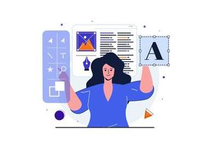 Designer studio modern flat concept for web banner design. Female developer works on layout of site, selects and places graphic elements, creates fonts. Vector illustration with isolated people scene