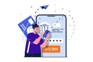 Mobile banking modern flat concept for web banner design. Man client sends money and confirms secure transaction with secret password using smartphone. Vector illustration with isolated people scene