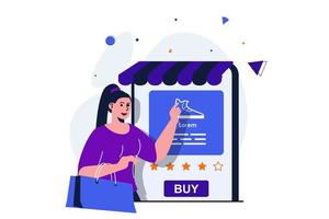 Mobile commerce modern flat concept for web banner design. Woman chooses shoes in online store, looking at rating and makes purchase in application. Vector illustration with isolated people scene